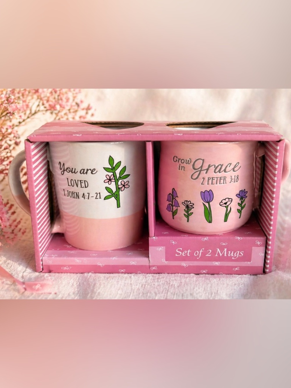 Set of 2 Pink Floral Mugs - Inspirational Scriptures